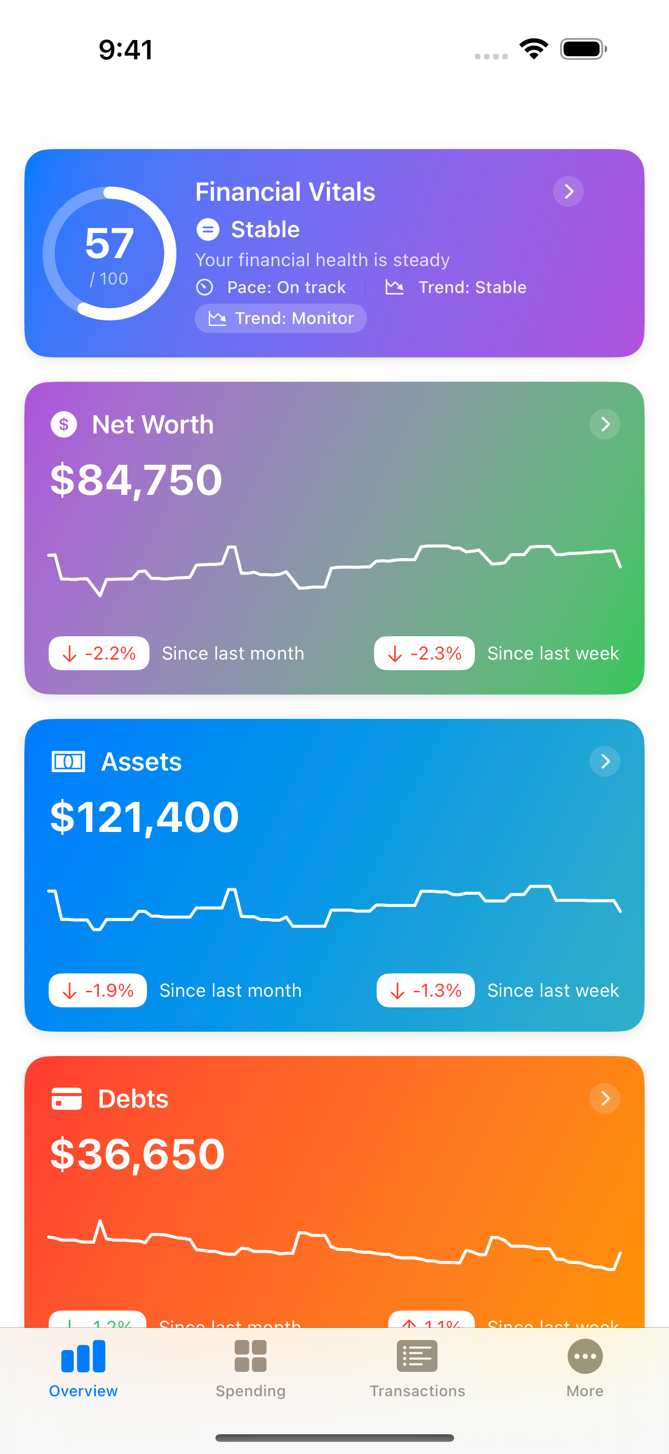 BooCoo Overview — Financial Vitals score, net worth, assets and debts at a glance